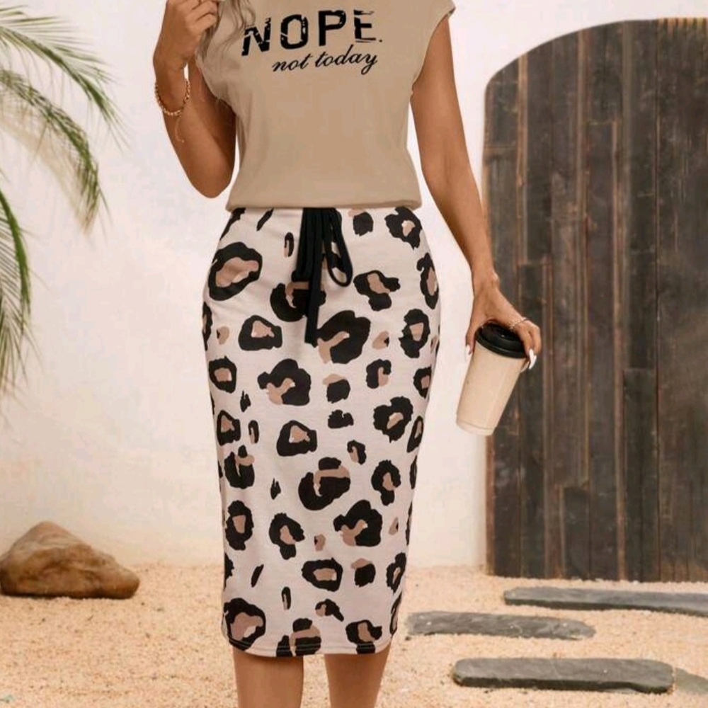 Leopard Print Midi Skirt & Shirt